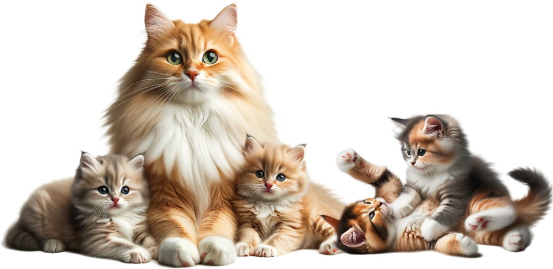 Bild på en katt och fyra kattungar